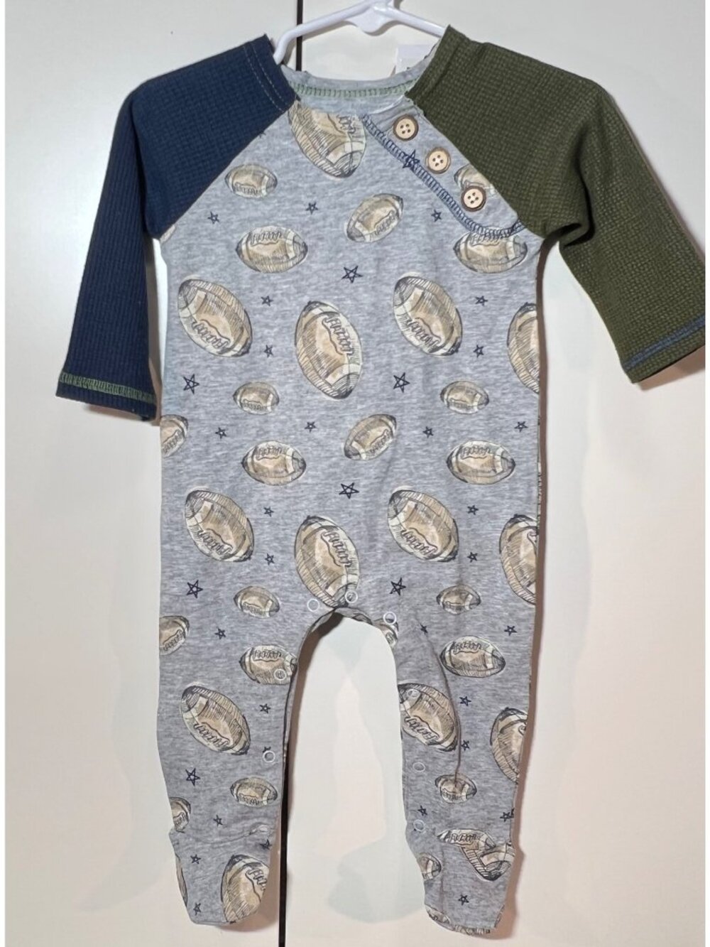 Mud Pie 3m 6m NWT football romper sleeper gray raglan waffle Fall footie preppy